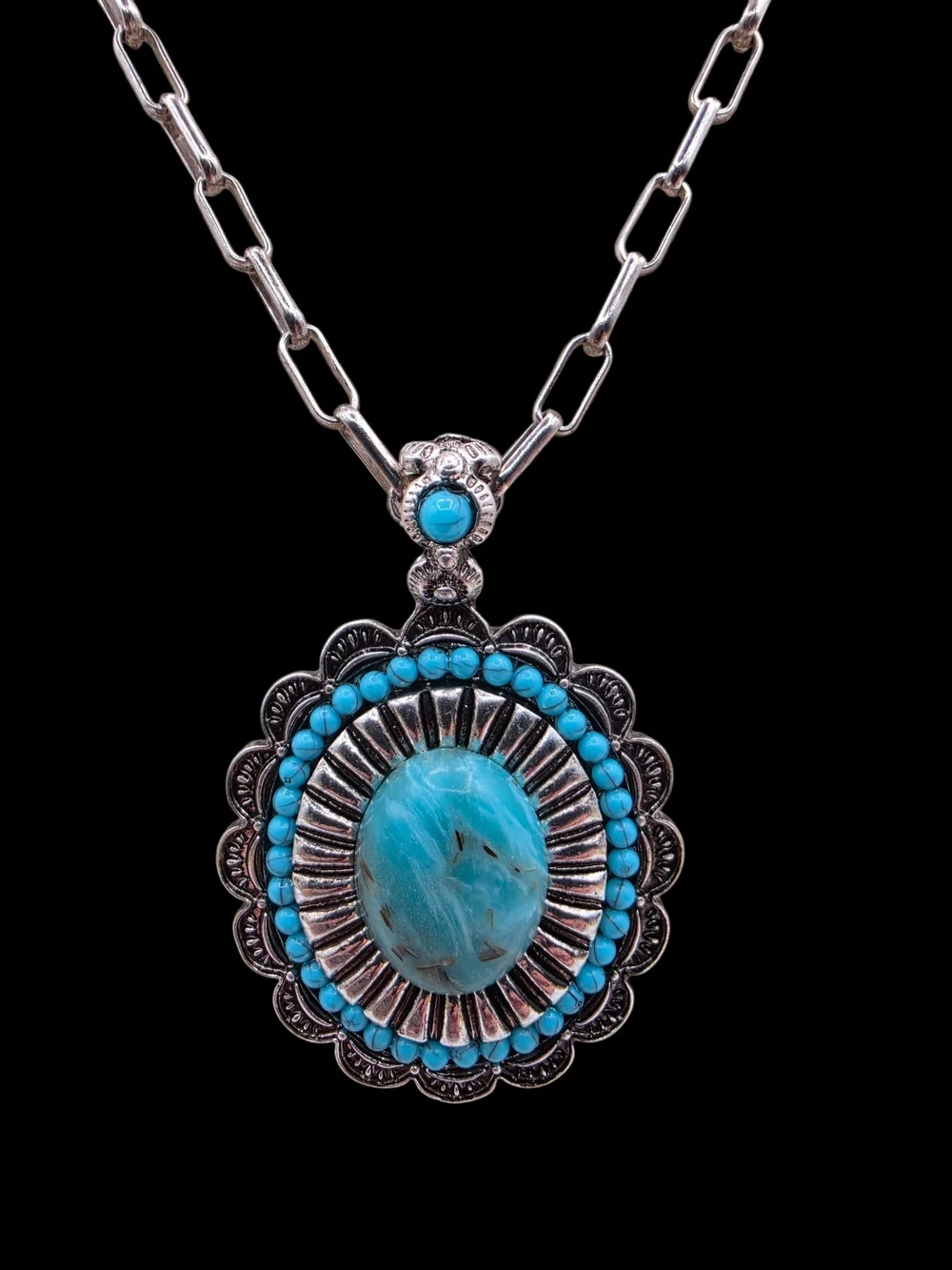 ✨ Vintage Style Southwestern Turquoise Silver Statement Pendant Necklace Boho ✨